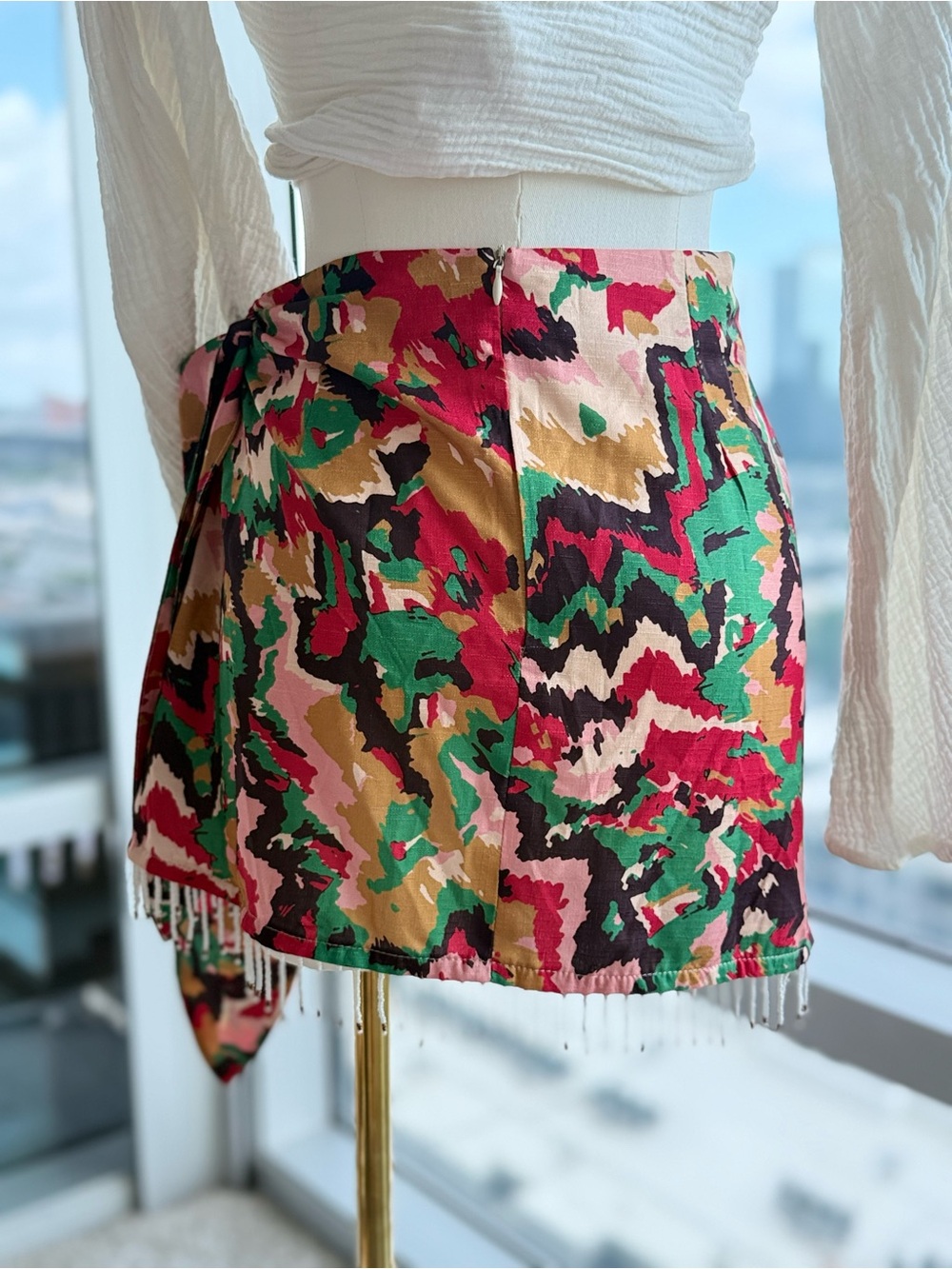 Micas Abstract Print Wrap Mini Skirt with Beaded Fringe Hem — Size M - Picture 4 of 5